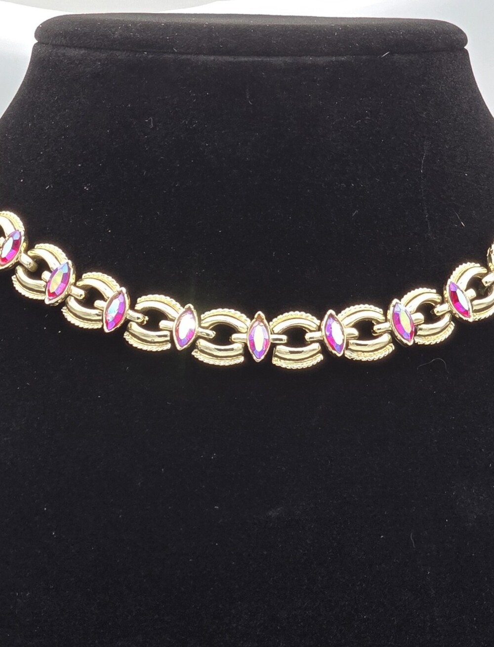 Stunning Signed Coro Gold Tone and Pink Rhinestone Runway Necklace